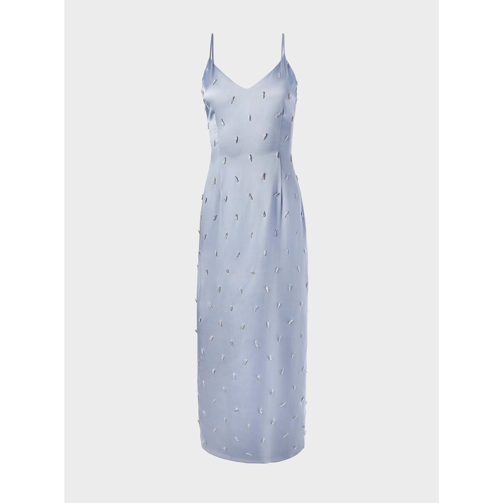 Alejandra Alonso Rojas Pearl Embellished Silk Midi Dress Size 2 French Blue